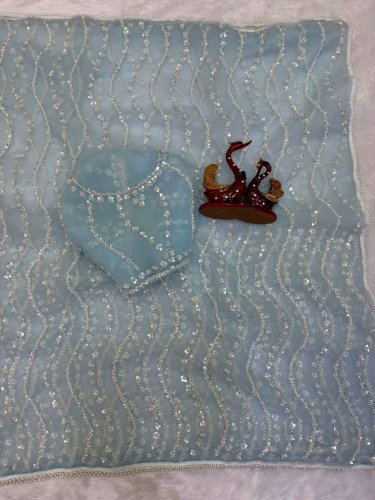 Designer Soft Net Beautiful Sequins And Beads Embroidery Work With Pearls Border Sky Color LFH NC DN 5627