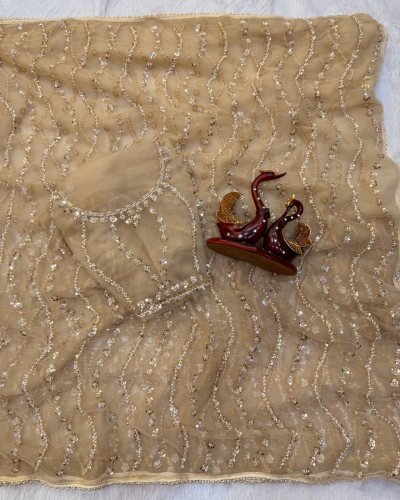 Designer Soft Net Beautiful Sequins And Beads Embroidery Work With Pearls Border Beige Color LFH NC DN 5627