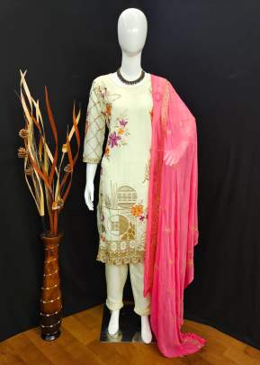 Designer Stylish Tunic Heavy Embroidery Work Readymade Pakistan Suit Cream Color