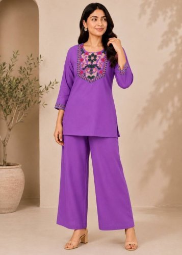  Designer Top Pent  With Slub  Cotton And Beautiful  Embroidery Work lavender Color  LFH SI DN 423 
