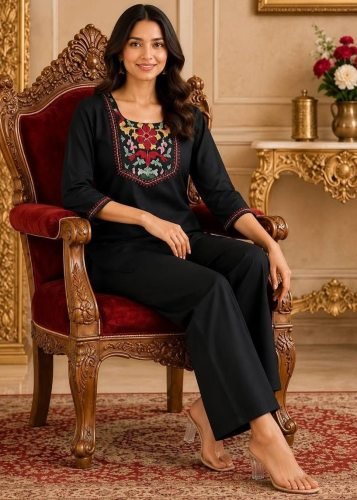  Designer Top Pent  With Slub  Cotton And Beautiful  Embroidery Work Black   LFH SI DN 423 
