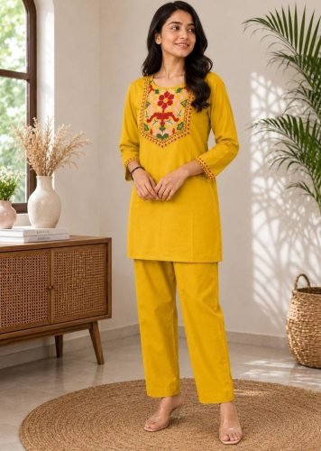  Designer Top Pent  With Slub  Cotton And Beautiful  Embroidery Work Mustard Yellow Color   LFH SI DN 423 
