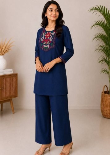  Designer Top Pent  With Slub  Cotton And Beautiful  Embroidery Work Navy Blue Color  LFH SI DN 423 