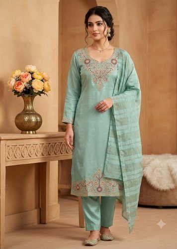  Designers Kurti Pent Dupatta Set Glass Roman Silk with Beautiful Embroidery Sequence Work Mint Green Color LFH VT DN 2613