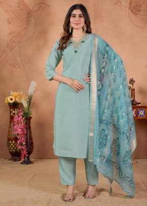 Designers Kurti Roman Silk With Hand Work And  Digital Print Kurti Pant Dupatta Set Light Green Color 