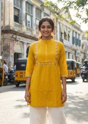 Dharmi Vol 1 Heavy Rayon Short Tops with Multicolor Embroidery Work Yellow Color