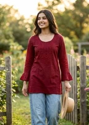 Dharmi Vol 2 Ladies Heavy Rayon Short Length Kurti With Chikan Work And Fancy Sleeves Western Tops Maroon Color