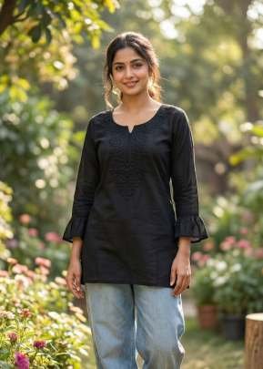 Dharmi Vol 2 Ladies Heavy Rayon Short Length Kurti With Chikan Work And Fancy Sleeves Western Tops Black Color