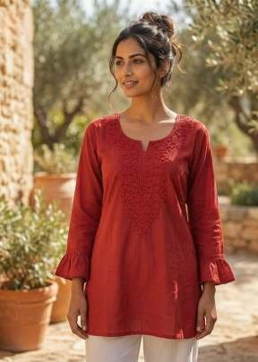 Dharmi Vol 2 Ladies Heavy Rayon Short Length Kurti With Chikan Work And Fancy Sleeves Western Tops Rust Red Color