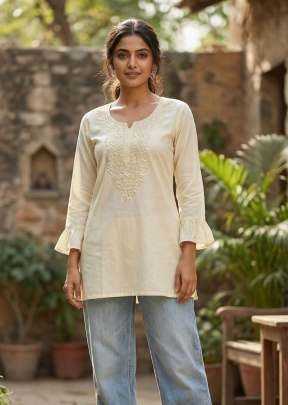 Dharmi Vol 2 Ladies Heavy Rayon Short Length Kurti With Chikan Work And Fancy Sleeves Western Tops Off-White Color