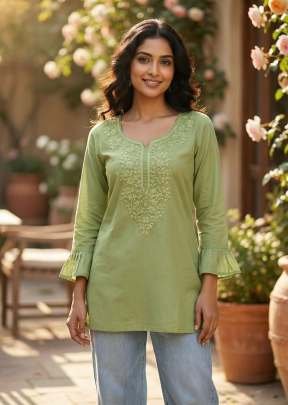 Dharmi Vol 2 Ladies Heavy Rayon Short Length Kurti With Chikan Work And Fancy Sleeves Western Tops Olive Green Color