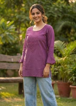 Dharmi Vol 2 Ladies Heavy Rayon Short Length Kurti With Chikan Work And Fancy Sleeves Western Tops Purple Color