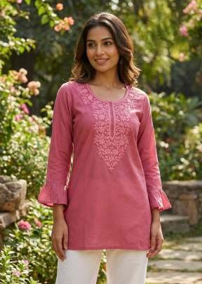 Dharmi Vol 2 Ladies Heavy Rayon Short Length Kurti With Chikan Work And Fancy Sleeves Western Tops Dusty Pink Color