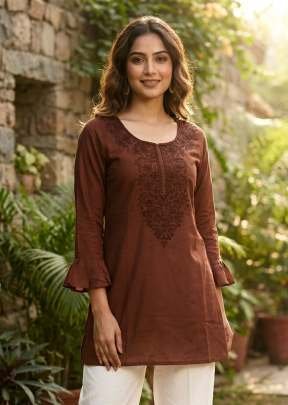 Dharmi Vol 2 Ladies Heavy Rayon Short Length Kurti With Chikan Work And Fancy Sleeves Western Tops Brown Color