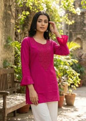 Dharmi Vol 2 Ladies Heavy Rayon Short Length Kurti With Chikan Work And Fancy Sleeves Western Tops Magenta Color