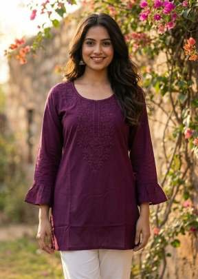 Dharmi Vol 2 Ladies Heavy Rayon Short Length Kurti With Chikan Work And Fancy Sleeves Western Tops Dark Wine Color