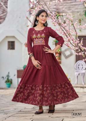 Mamta Vol 1 Dolphin Cotton With Flair And Anarkali Embroidery Work Kurti Light Wine Color DN 1001