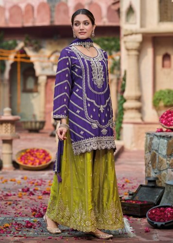 Eba Lifestyle Kanak DN 1798 Chinon Silk With Embroidery Codding And Sequence Work Palazzo Suit Purple Color