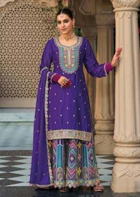 Eba Lifestyle Mohini Palazzo Suits Heavy Chinon With Embroidery Multi And 5 mm Mat Sequence Work Purple Color DN 1806