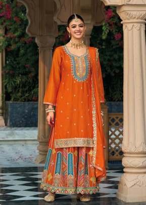 Eba Lifestyle Mohini Palazzo Suits Heavy Chinon With Embroidery Multi And 5 mm Mat Sequence Work Orange Color DN 1806