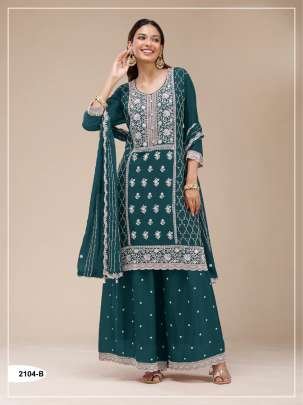 Elegant Festive Faux Georgette Heavy Embroidery Sequence Work Palazzo Suit Teal Green Color DN 2104