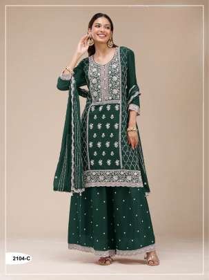 Elegant Festive Faux Georgette Heavy Embroidery Sequence Work Palazzo Suit Dark Green Color DN 2104