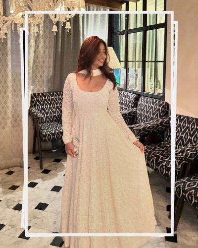 Elegant Heavy Faux Blooming Embroidered Sequins Work Gown Set With Micro Pant And Gota Patti Lace Dupattat White Color TD DN 6128