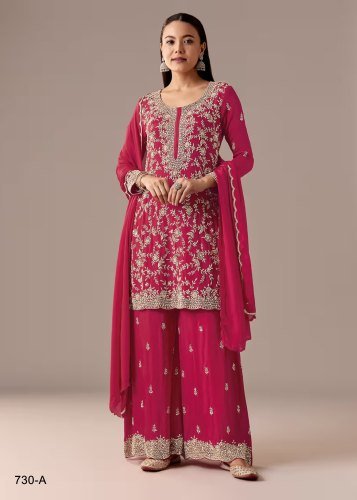 Exclusive Blooming Georgette With Heavy Embroidered Thread And Sequence Work Palazzo Suit DN 730 Pink Color