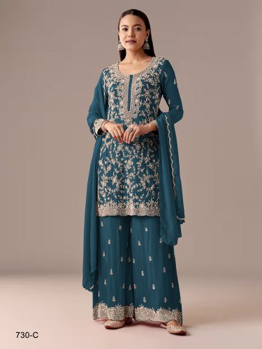Exclusive Blooming Georgette With Heavy Embroidered Thread And Sequence Work Palazzo Suit DN 730 Teal Color