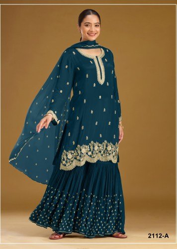 Exclusive Designer DN 2112 Blooming Faux Georgette With Heavy Embroidered Sequence Work Sharara Suit Teal Blue Color
