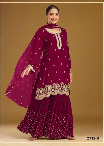 Exclusive Designer DN 2112 Blooming Faux Georgette With Heavy Embroidered Sequence Work Sharara Suit Burgundy Color