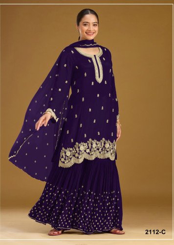 Exclusive Designer DN 2112 Blooming Faux Georgette With Heavy Embroidered Sequence Work Sharara Suit Dark Purple Color