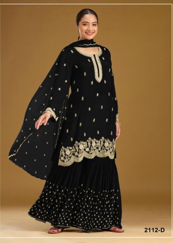 Exclusive Designer DN 2112 Blooming Faux Georgette With Heavy Embroidered Sequence Work Sharara Suit Black Color