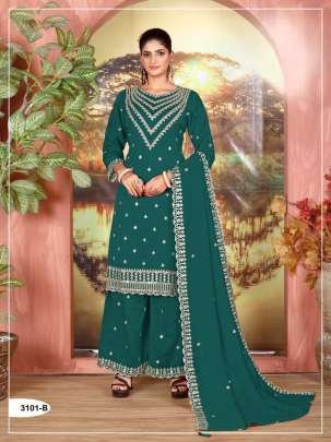 Exclusive Designer Palazzo Suit Fancy And Vichitra Silk With Embroidery And Sequence With Cording Work Dark Green Color DN 3101