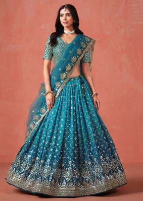 Exclusive Designer Wedding Lehenga Choli Georgette Zari and Multiple Sequence With Embroidery Work Rama Blue Color
