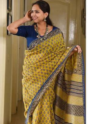 Exclusive Digital Print With Pure Mulmul Cotton Silk Saree Yellow Color
