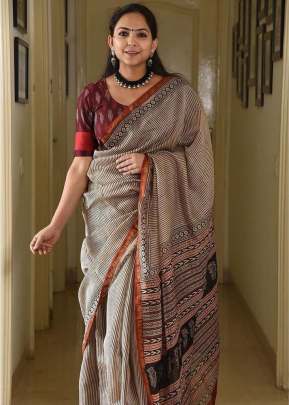 Exclusive Digital Print With Pure Mulmul Cotton Silk Saree Tully Gray Color