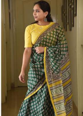 Exclusive Digital Print With Pure Mulmul Cotton Silk Saree Green Color