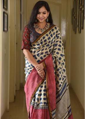 Exclusive Digital Print With Pure Mulmul Cotton Silk Saree Cream Color