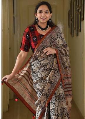 Exclusive Digital Print With Pure Mulmul Cotton Silk Saree Black Color