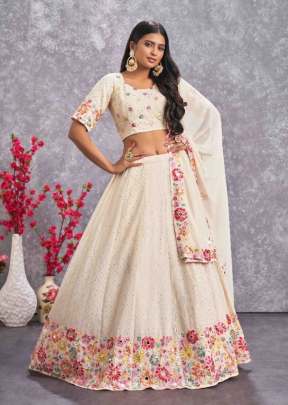Exclusive Embroidered Georgette Semi Stitched Lehenga Choli Beige Color DN 2254