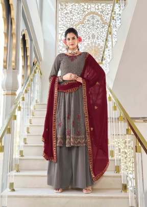 Exclusive Embroidered Readymade Georgette Thread Work With Sequence And Embroidered Palazzo Suit Grey Color DN 4932