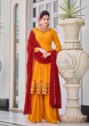 Exclusive Embroidered Readymade Georgette Thread Work With Sequence And Embroidered Palazzo Suit Mustard Yellow Color DN 4935