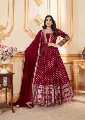Exclusive Foil Printed Faux Georgette Anarkali Gown With Dupatta Red Color DN 5011