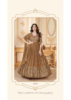 Exclusive Foil Printed Faux Georgette Anarkali Gown With Dupatta Mustard Yellow Color DN 5013