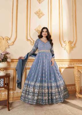 Exclusive Foil Printed Faux Georgette Anarkali Gown With Dupatta Grey And Blue Color DN 5014