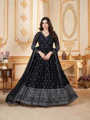 Exclusive Foil Printed Faux Georgette Anarkali Gown With Dupatta Nevy Blue Color DN 5015