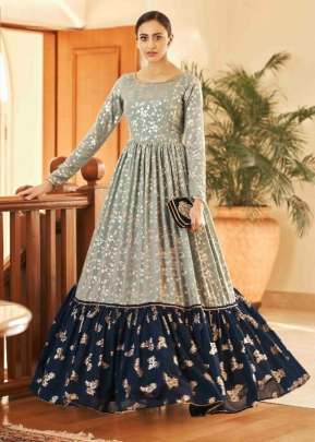 Exclusive Georgette Metalic Foil Work Anarkali Gown Pista Color DN 4706