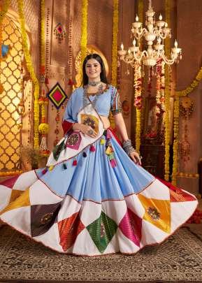 Exclusive Navratri Festival Collection Viscose Cotton And Thread Embroidery With Jacquard Patch Work Chaniya Choli Light Blue 