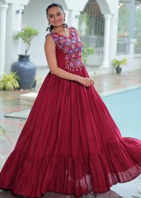 Exclusive Navratri Gown Reyon Kutchi With Gamthi And Embroidered With Mirror Work Maroon Color Gown DN 9258